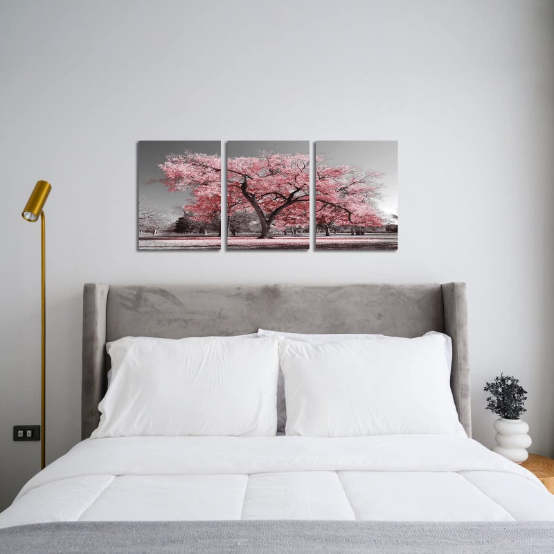 Visual Art Decor Pink Tree Canvas Wall Art Pink and Grey Room Decor Cherry Blossom Wall Art Modern Art Framed Ready to Hang Living Room Wall Decor 12x16inchx3 Piece - Image 2